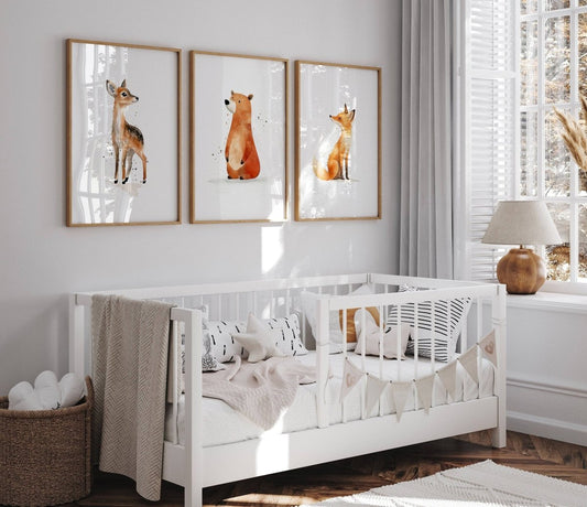 Woodland Animal Nursery Wall Prints | Set of 3 | Neutral Forest & Boho Decor for Baby's Room - RoseRowanDesign -