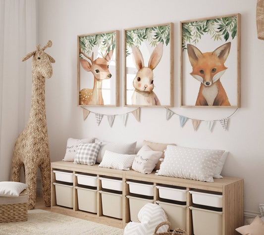 Woodland Animal Nursery Wall Prints | Set of 3 | Neutral Forest & Boho Playroom Decor - RoseRowanDesign -