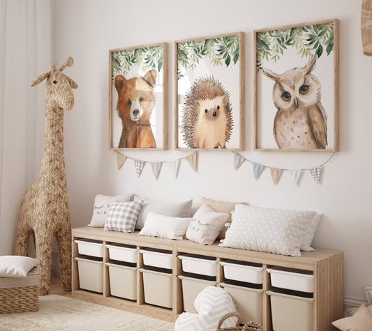 Woodland Animal Nursery Wall Prints | Set of 3 | Neutral Forest & Boho Playroom Decor - RoseRowanDesign -