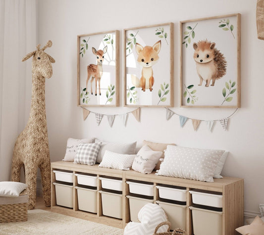 Woodland Animal Nursery Wall Prints | Set of 3 | Neutral Forest & Botanical Decor for Baby's Nursery - RoseRowanDesign -