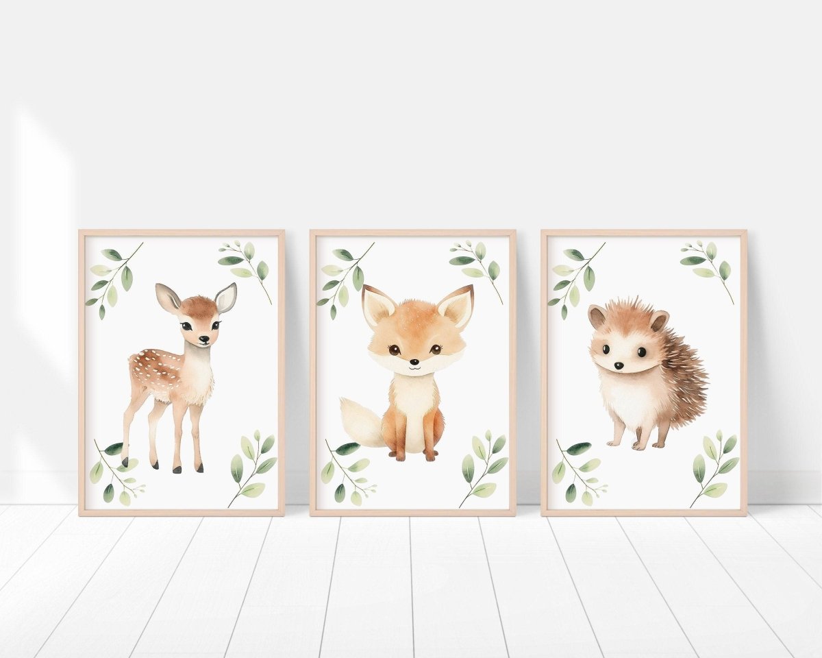 Woodland Animal Nursery Wall Prints | Set of 3 | Neutral Forest & Botanical Decor for Baby's Nursery - RoseRowanDesign -