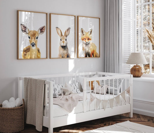 Woodland Animal Nursery Wall Prints | Set of 3 | Neutral Forest Theme for Baby's Room - RoseRowanDesign -