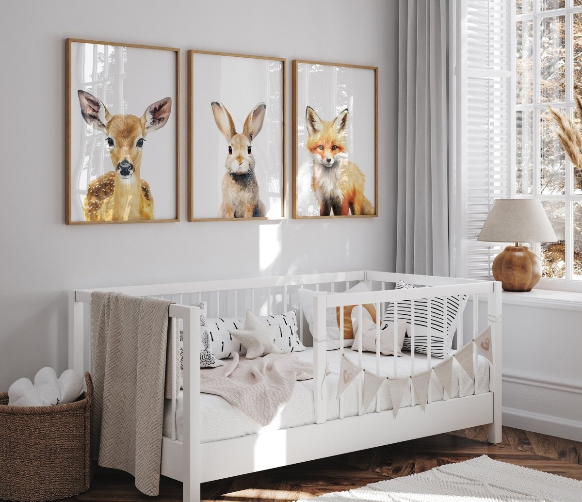 Woodland Animal Nursery Wall Prints | Set of 3 | Neutral Forest Theme for Baby's Room - RoseRowanDesign -