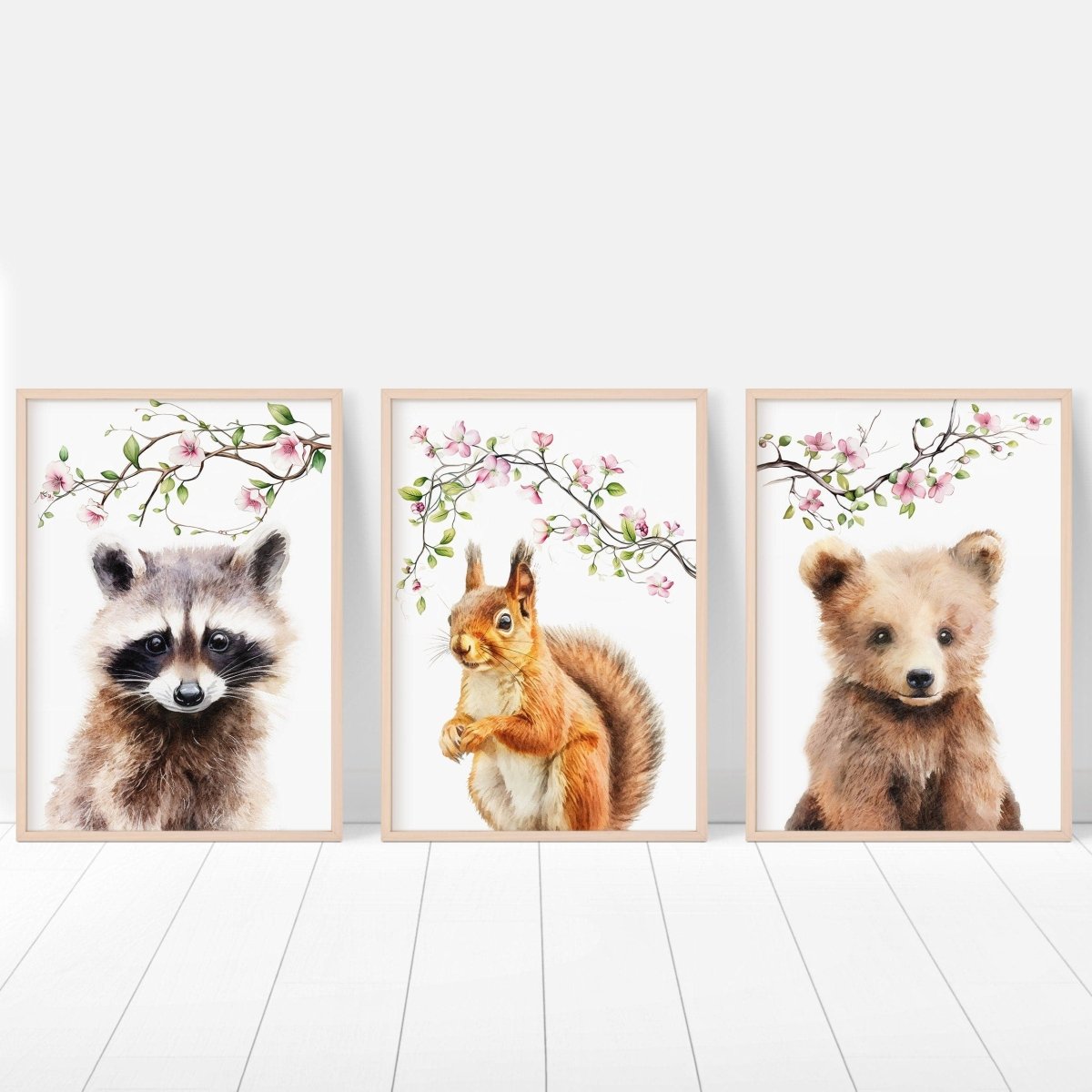Woodland Animal Nursery Wall Prints | Set of 3 | Pink Blossom Forest Decor for Baby Girl's Room - RoseRowanDesign -