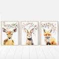 Load image into Gallery viewer, Woodland Animal Nursery Wall Prints | Set of 3 | Pink Blossom Forest Decor for Baby Girl's Room - RoseRowanDesign -