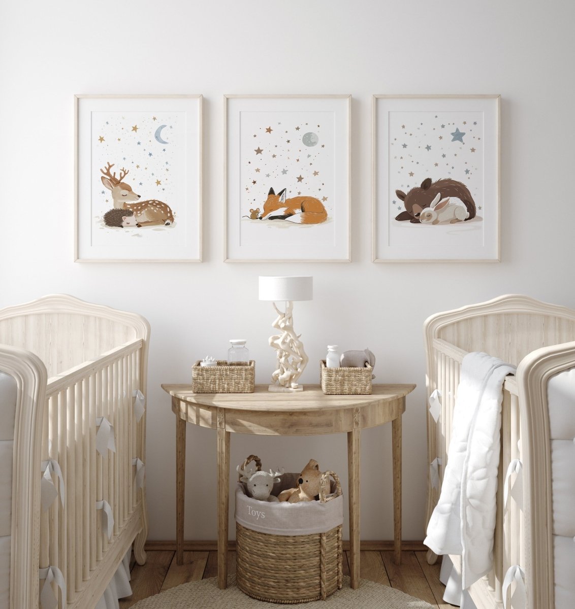 Woodland Animal Nursery Wall Prints | Set of 3 | Sleeping Animals & Starry Night Decor for Babies' Room - RoseRowanDesign -