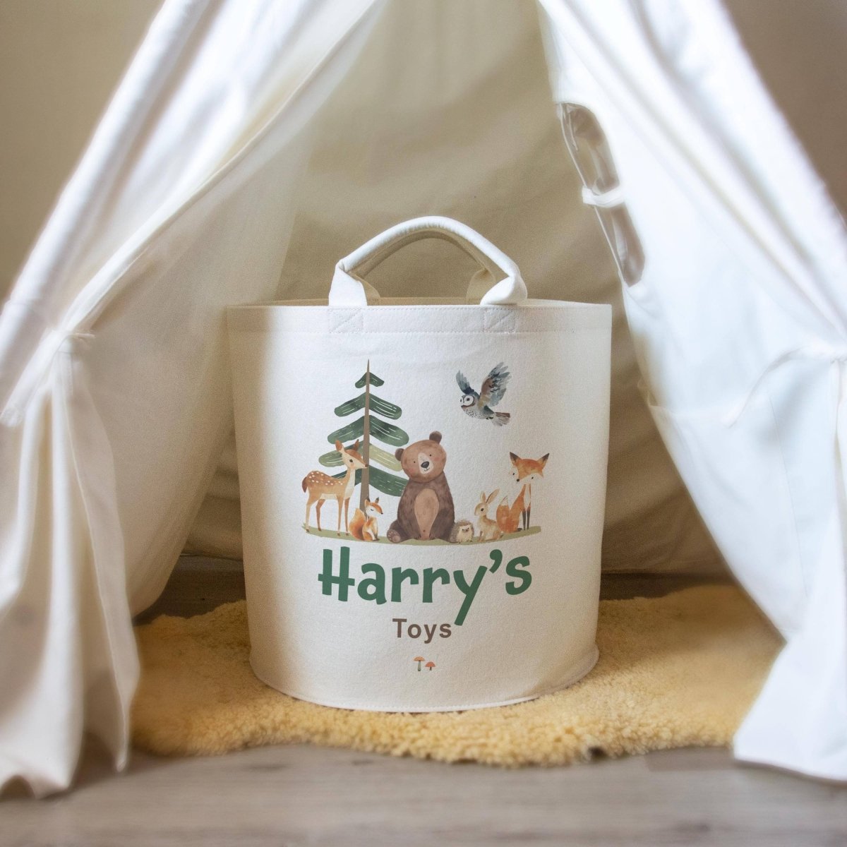 Woodland Animal Themed Personalised Toy Trug for Kids Room or Nursery - RoseRowanDesign -