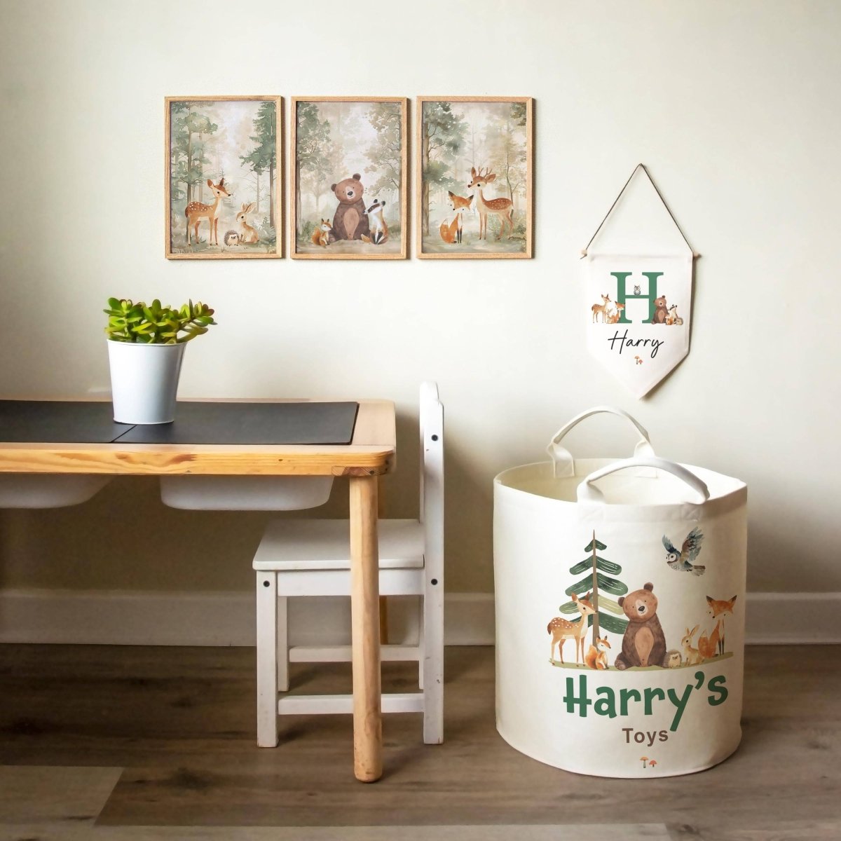 Woodland Animal Themed Personalised Toy Trug for Kids Room or Nursery - RoseRowanDesign -