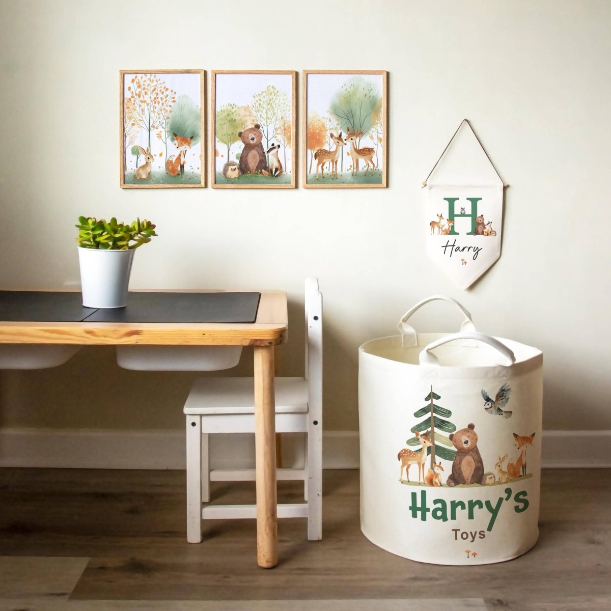 Woodland Animal Themed Personalised Toy Trug for Kids Room or Nursery - RoseRowanDesign -