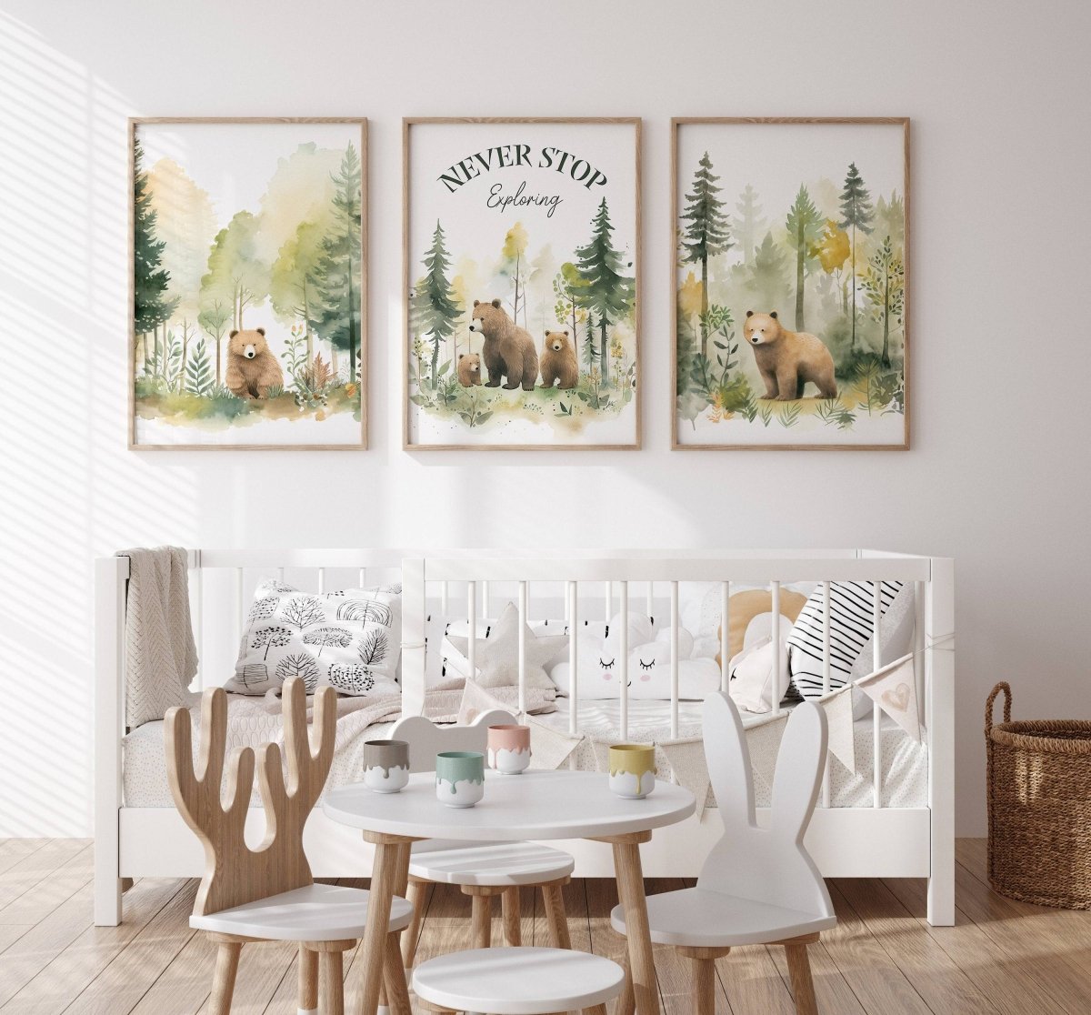 Woodland Bear Nursery Prints | Set of 3 | Forest Adventure Wall Art for Unisex Nursery - RoseRowanDesign -