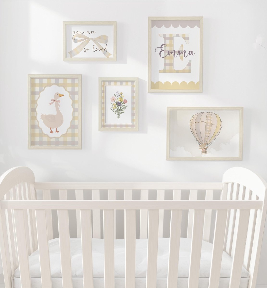 Yellow Gingham Nursery Gallery Wall Prints – Personalised Balloon & Goose Wall Art Set - RoseRowanDesign -