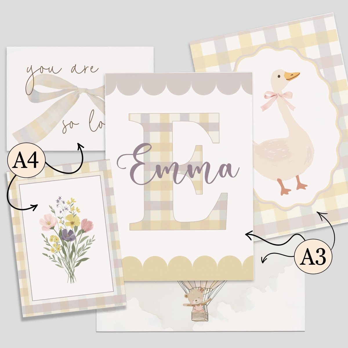 Yellow Gingham Nursery Gallery Wall Prints – Personalised Balloon & Goose Wall Art Set - RoseRowanDesign -