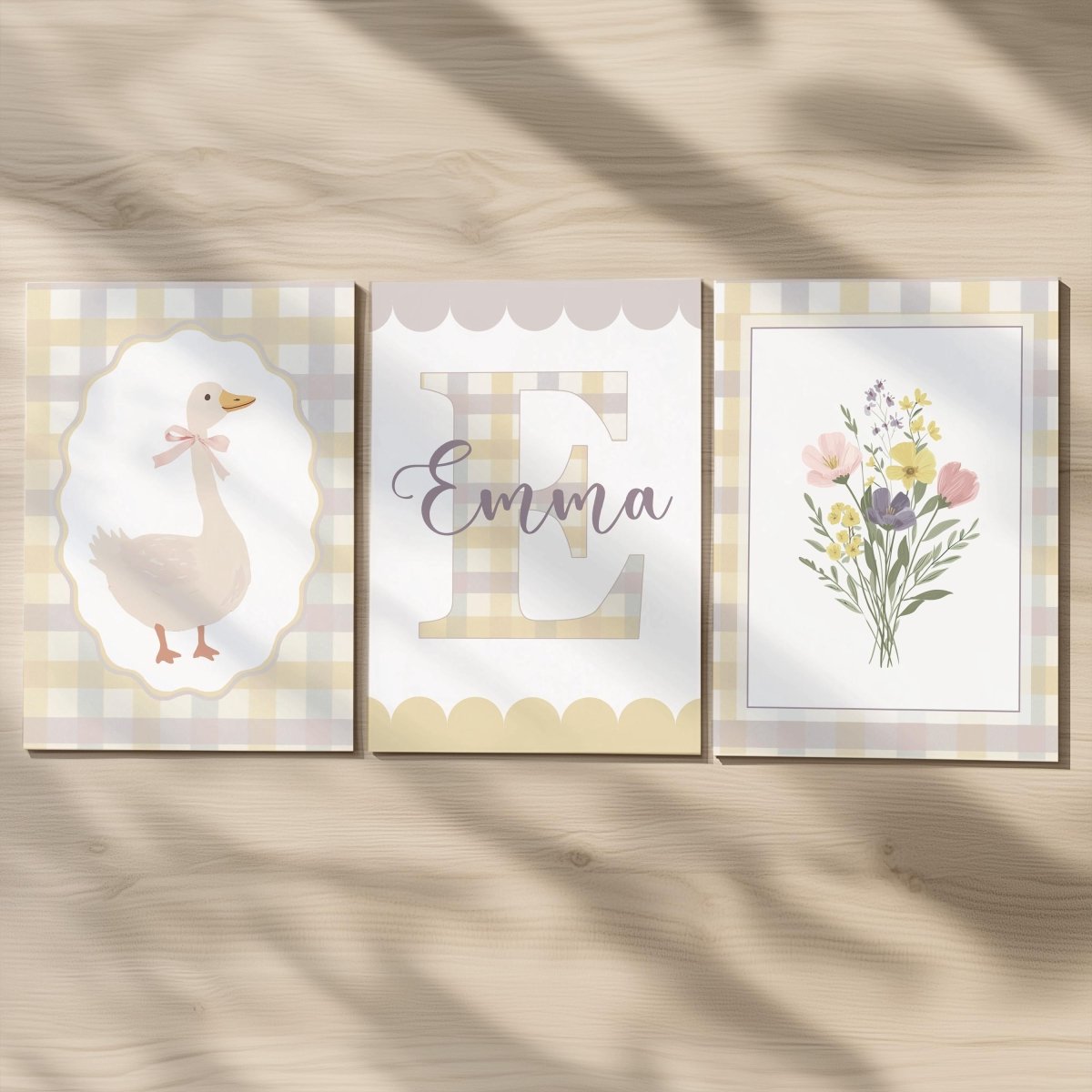 Yellow Gingham Nursery Prints – Goose, Wildflowers & Personalised Name Set - RoseRowanDesign -