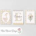 Load image into Gallery viewer, Yellow Gingham Nursery Prints – Goose, Wildflowers & Personalised Name Set - RoseRowanDesign -
