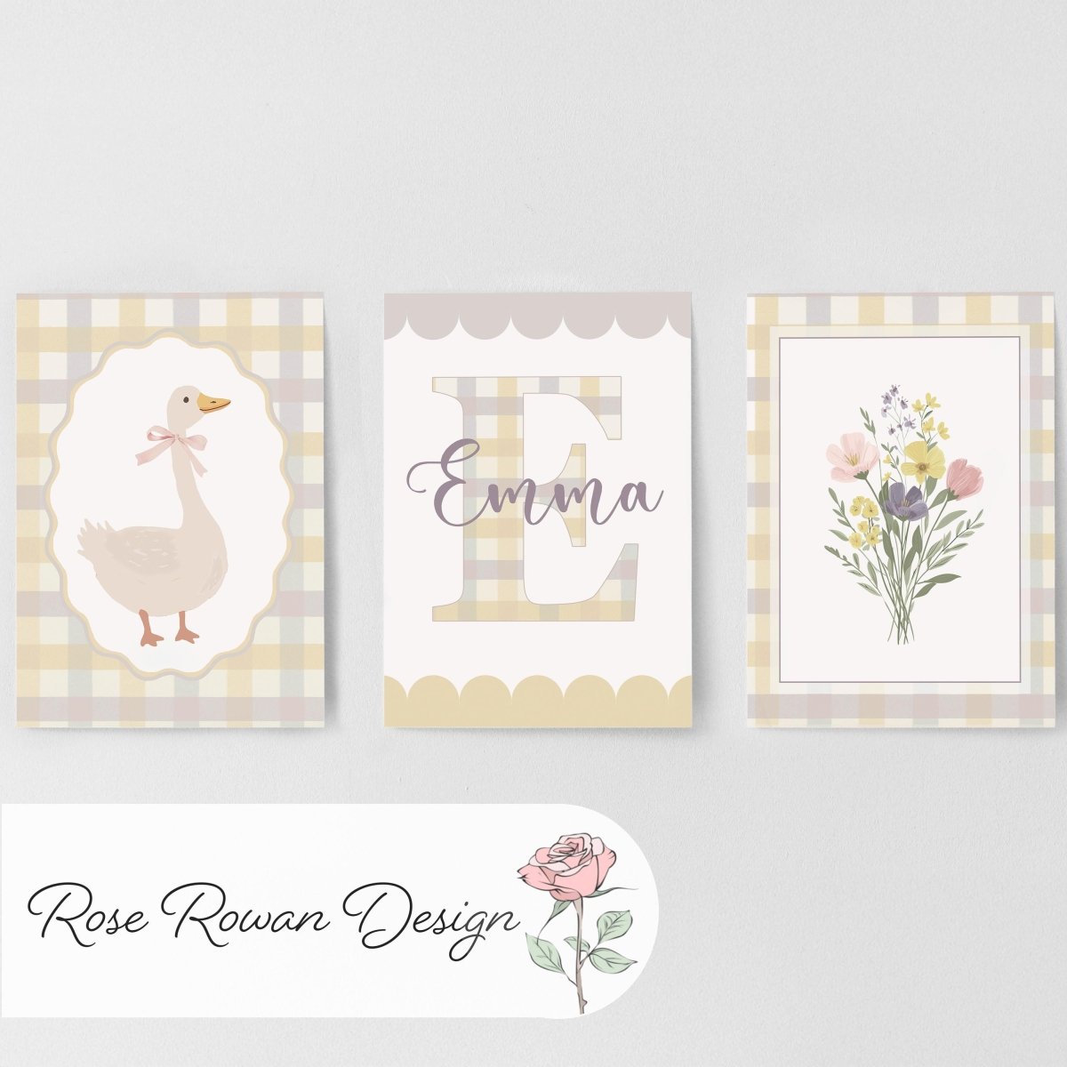 Yellow Gingham Nursery Prints – Goose, Wildflowers & Personalised Name Set - RoseRowanDesign -