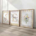 Load image into Gallery viewer, Yellow Gingham Nursery Prints – Goose, Wildflowers & Personalised Name Set - RoseRowanDesign -