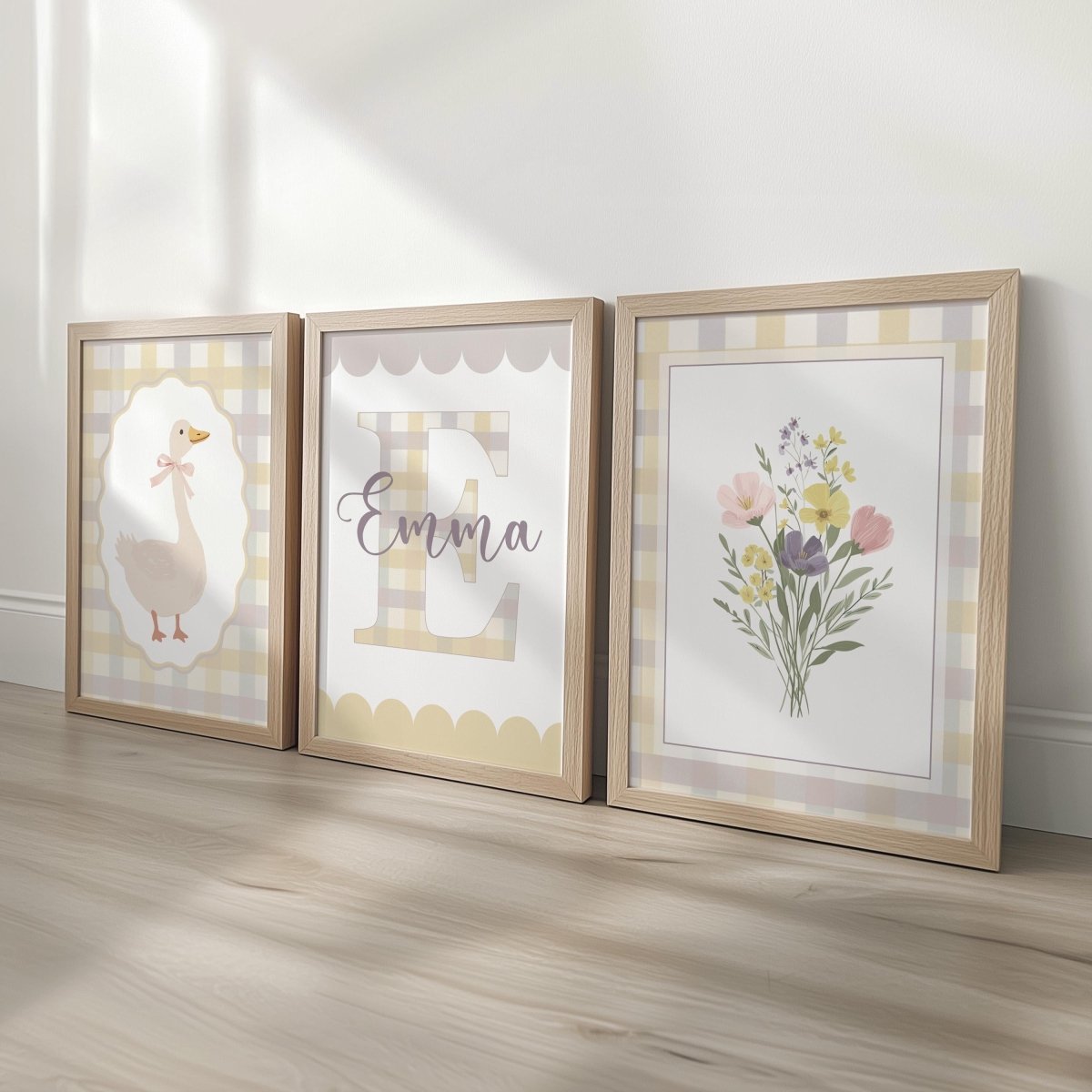 Yellow Gingham Nursery Prints – Goose, Wildflowers & Personalised Name Set - RoseRowanDesign -