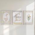 Load image into Gallery viewer, Yellow Gingham Nursery Prints – Goose, Wildflowers & Personalised Name Set - RoseRowanDesign -