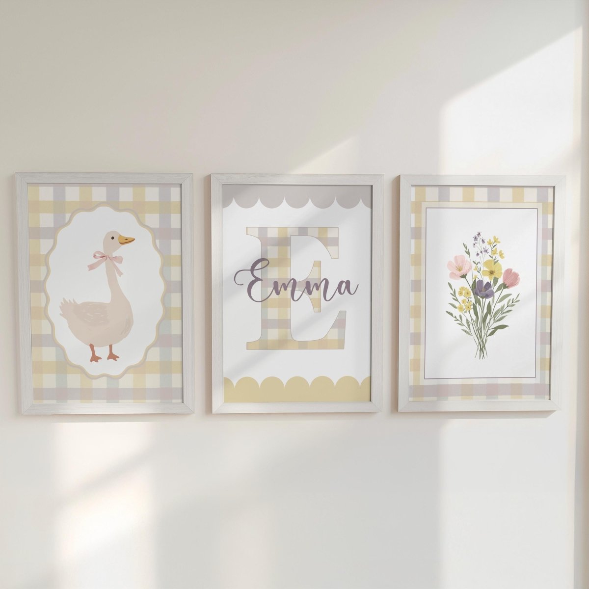 Yellow Gingham Nursery Prints – Goose, Wildflowers & Personalised Name Set - RoseRowanDesign -