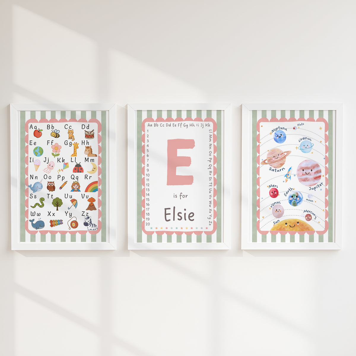 Personalised Alphabet, Initial & Solar System Nursery Prints | Set of 3