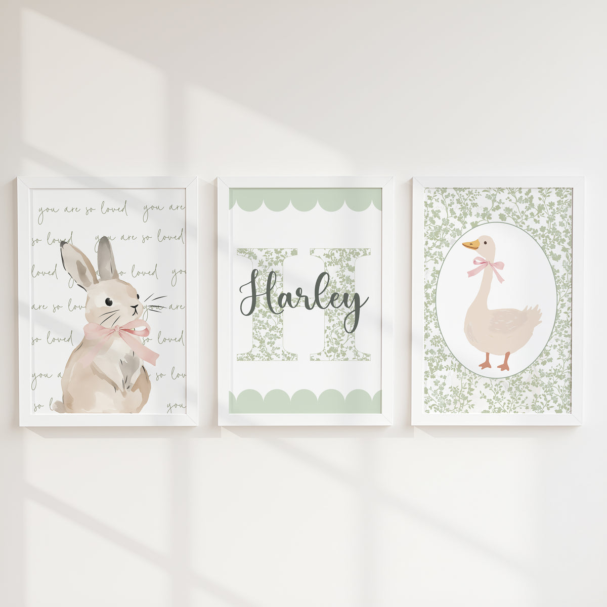 Personalised Green Bunny & Goose Nursery Prints | Set of 3
