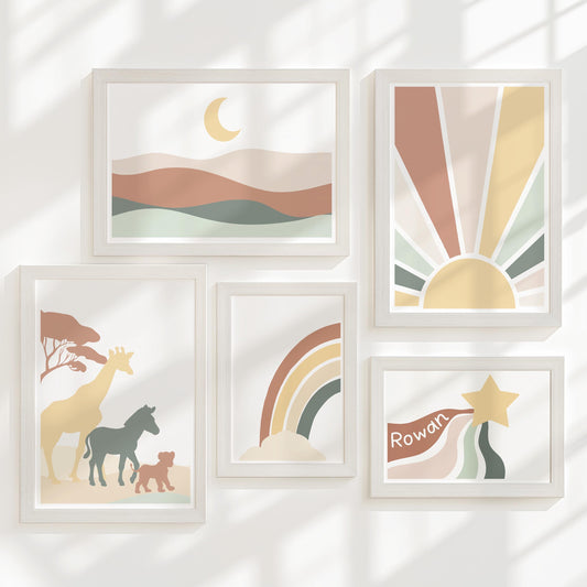 Boho Safari Nursery Gallery Wall Art – Earthy Animal Prints