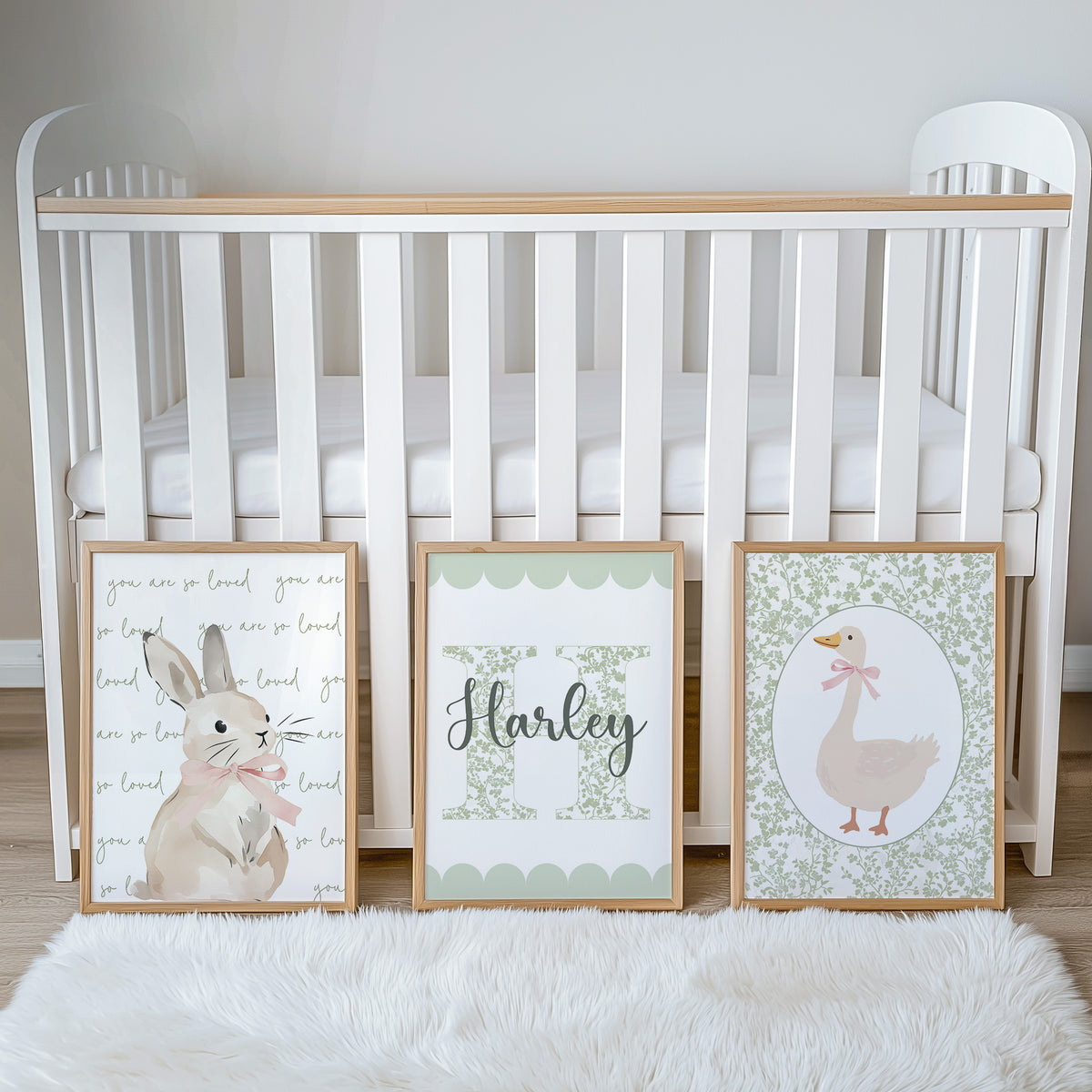 Personalised Green Bunny & Goose Nursery Prints | Set of 3