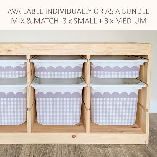 a wooden shelf with six plastic storage bins arranged in two rows of three, providing a mix of small and medium-sized storage options.