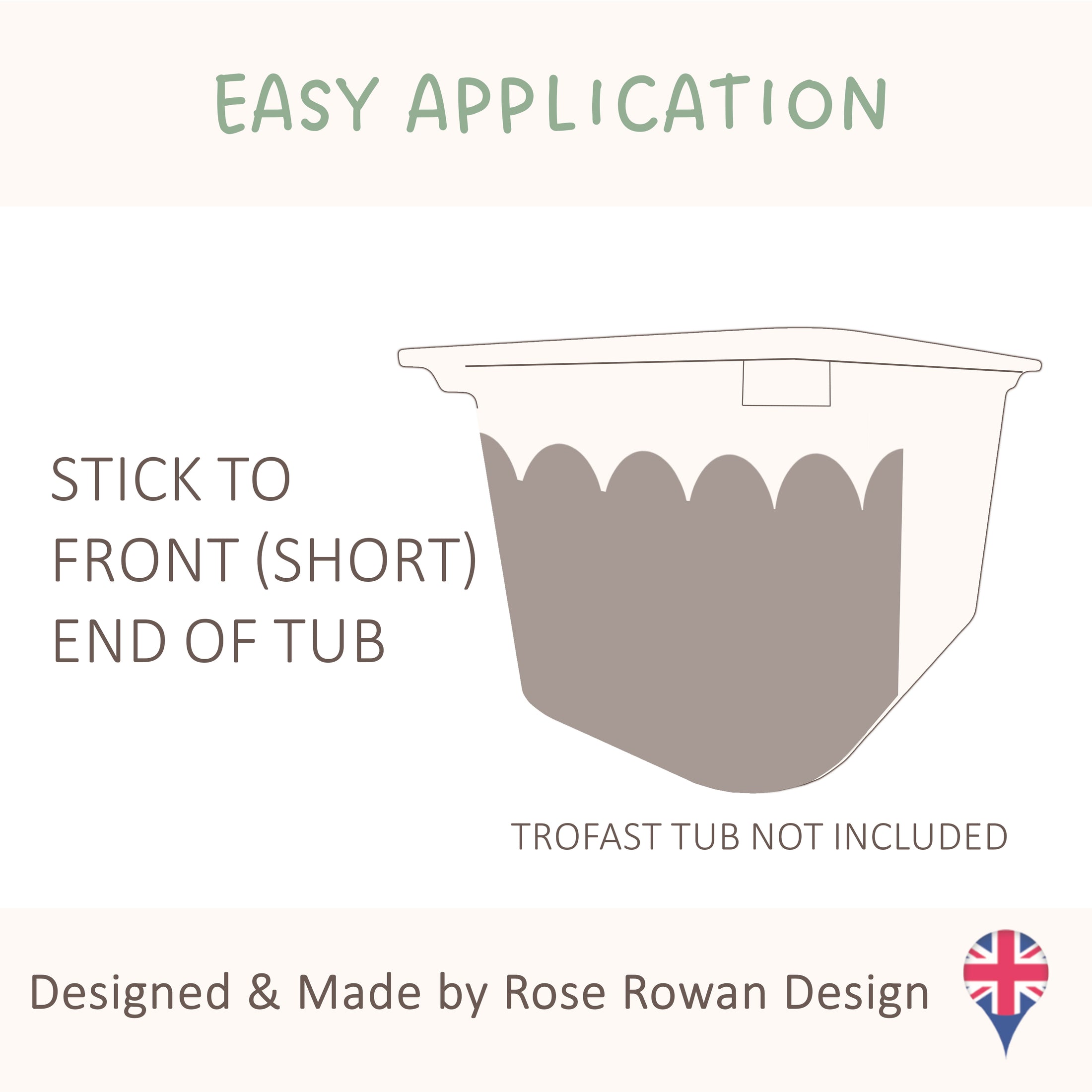 The image is a simple illustration of a tub with a label indicating that it is a "Tropast Tub" and not an "TROFAST TUB". The tub is designed and made by Rose Rowan Design.