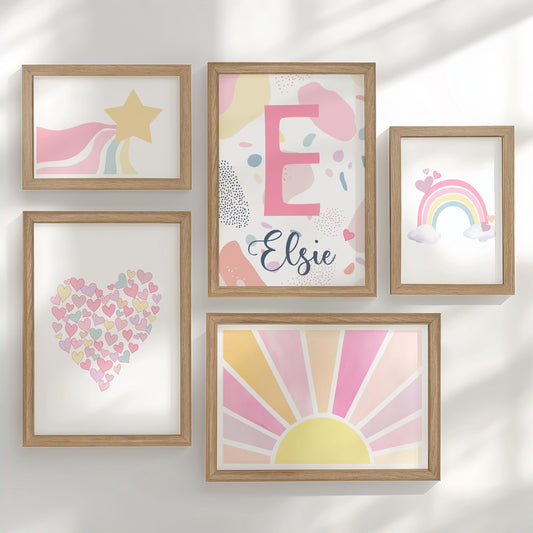 Pastel Rainbow Nursery Gallery Wall Prints – Heart & Name Art Set