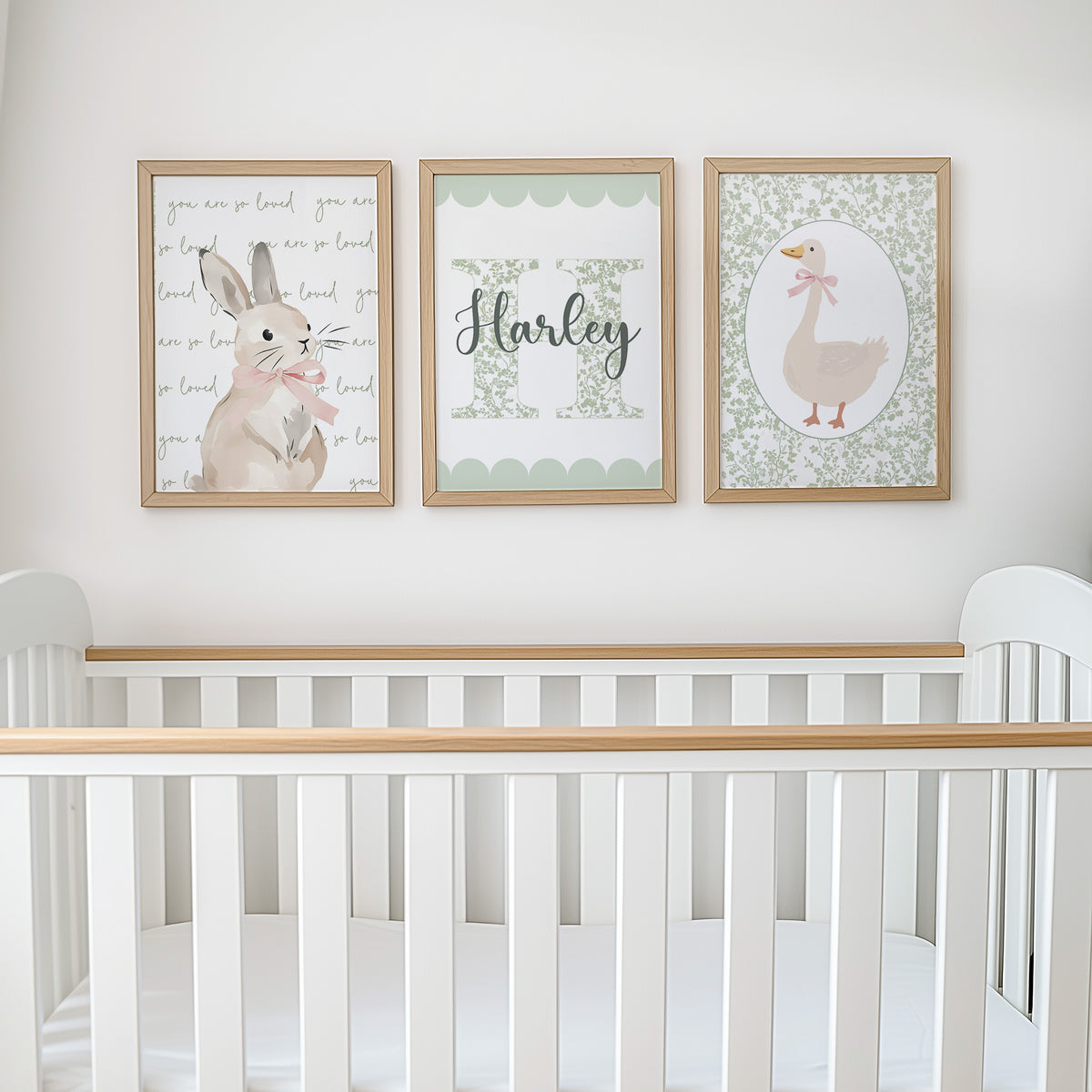 Personalised Green Bunny & Goose Nursery Prints | Set of 3