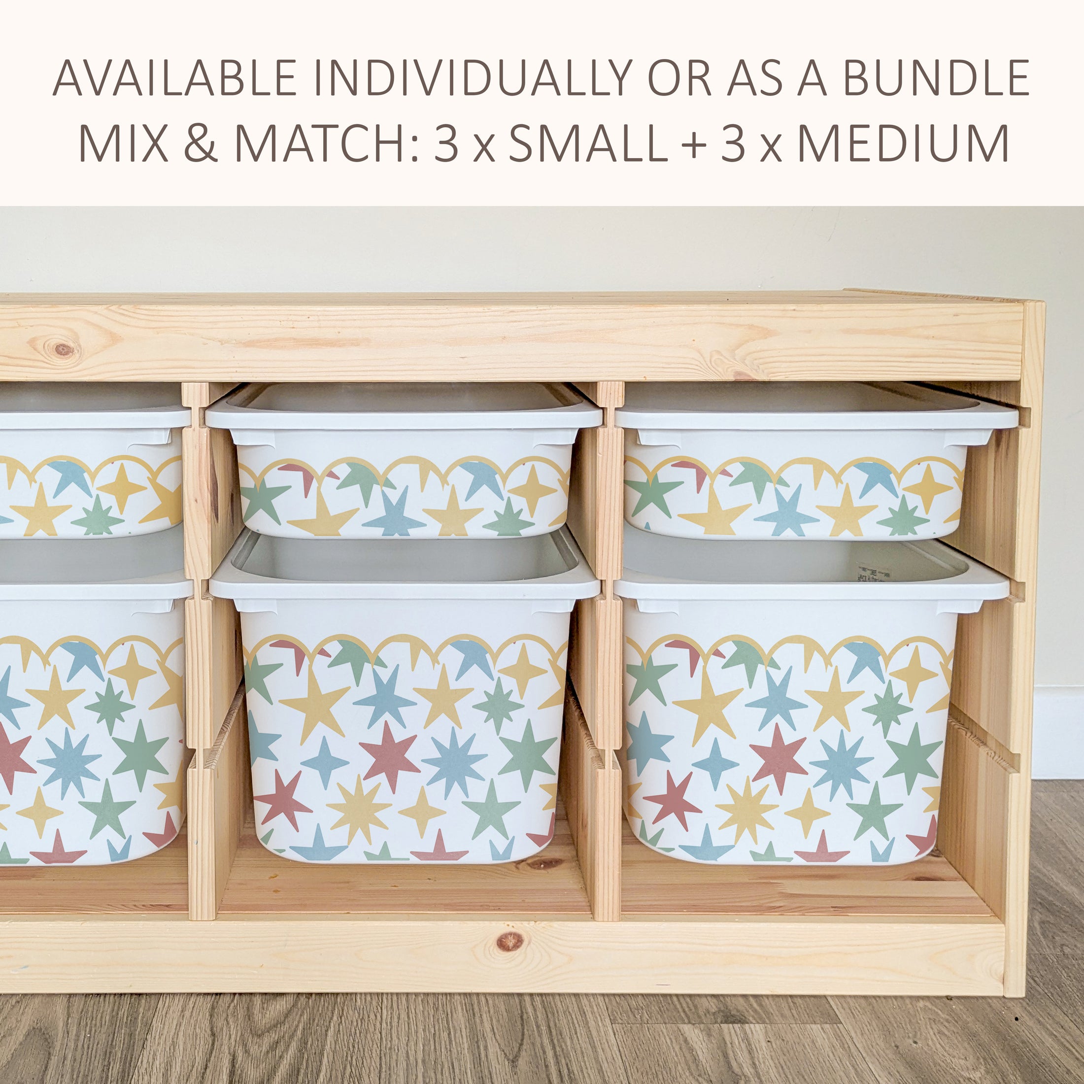 a wooden storage unit with multiple compartments, each containing a white plastic bin with a star pattern design. The storage unit has a light-colored wooden frame and appears to be made of wood.