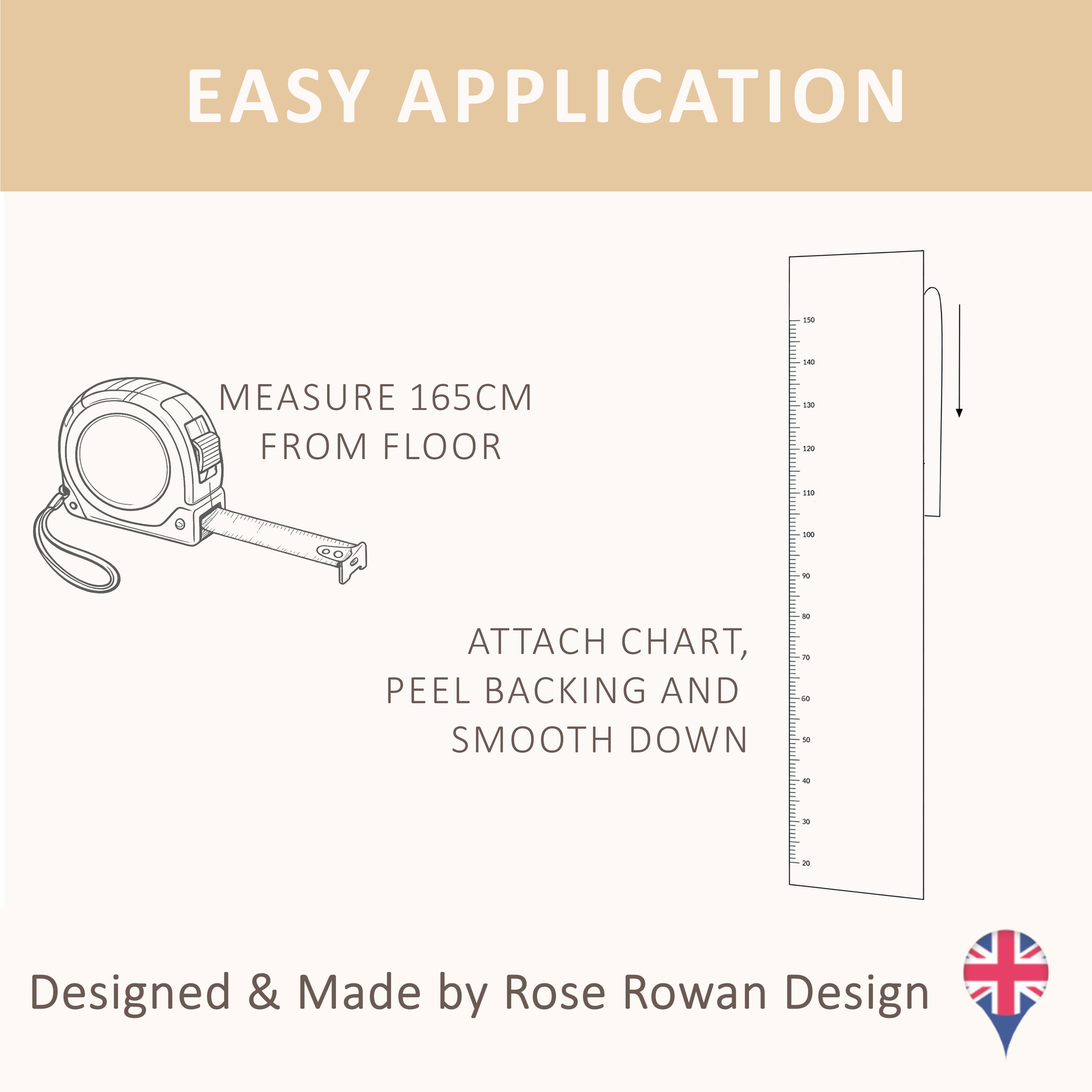 The image is an advertisement for a product called "Easy Application" designed and made by Rose Rowan Design. It features a measuring tape and a ruler, along with text providing information about the product.
