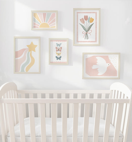 Pastel Nursery Gallery Wall Art – Tulips, Dove & Butterflies