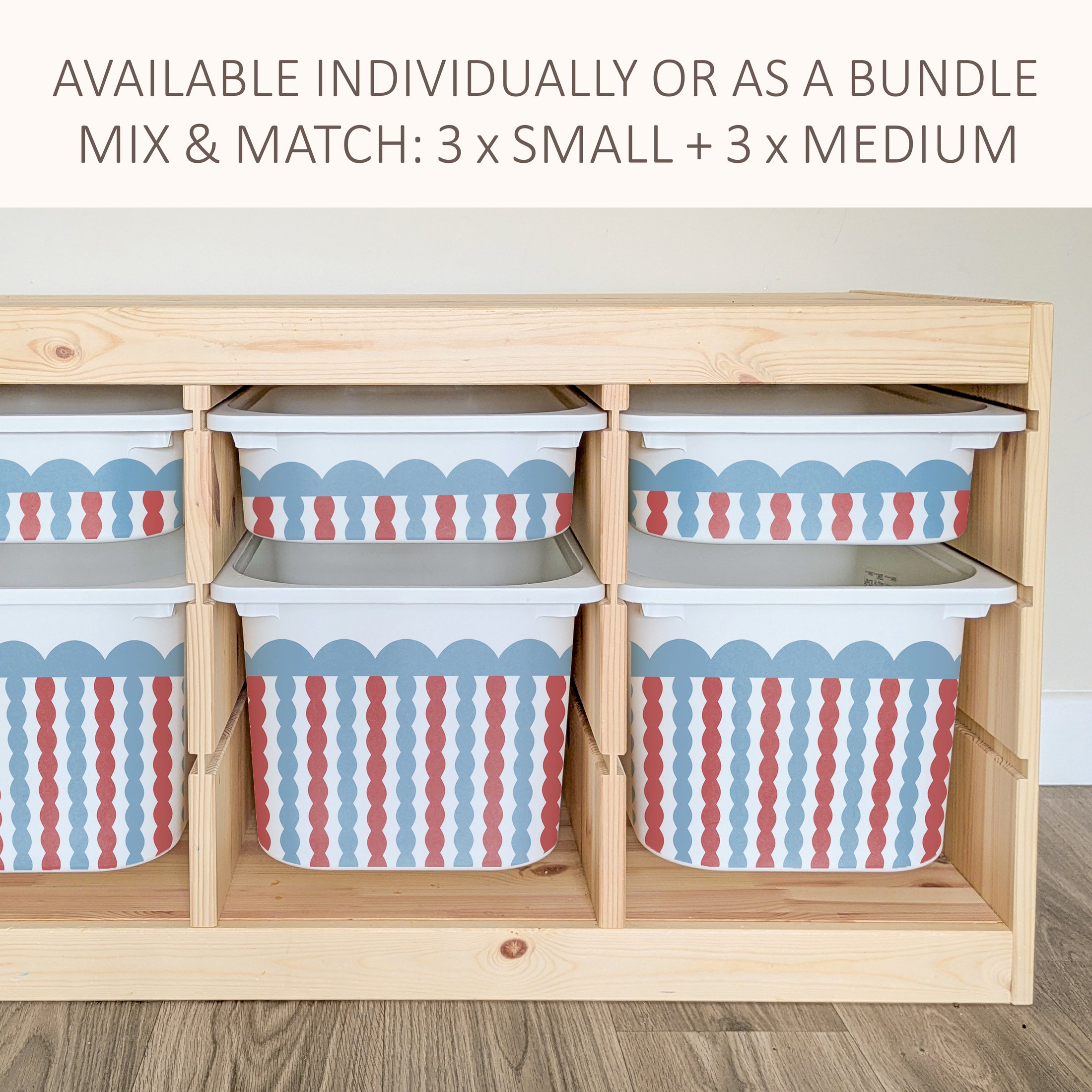 a wooden storage unit with multiple compartments, each containing a plastic bin with a striped pattern in red, white, and blue. The storage unit appears to be designed for organizing and storing various items.