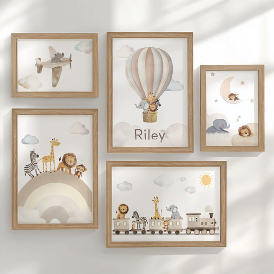 Neutral Safari Nursery Gallery Wall Art – Personalised Animal Prints