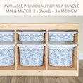 Load image into Gallery viewer, a wooden shelf with six white storage bins arranged in two rows of three, each bin featuring a blue floral pattern.
