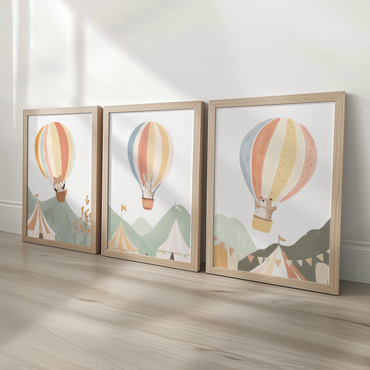 Hot Air Balloon Animals Nursery Prints, Set Of 3 Whimsical Folk Decor, Kids Wall Art Unisex Optional Frame, Personalised Playroom Posters - RoseRowanDesign