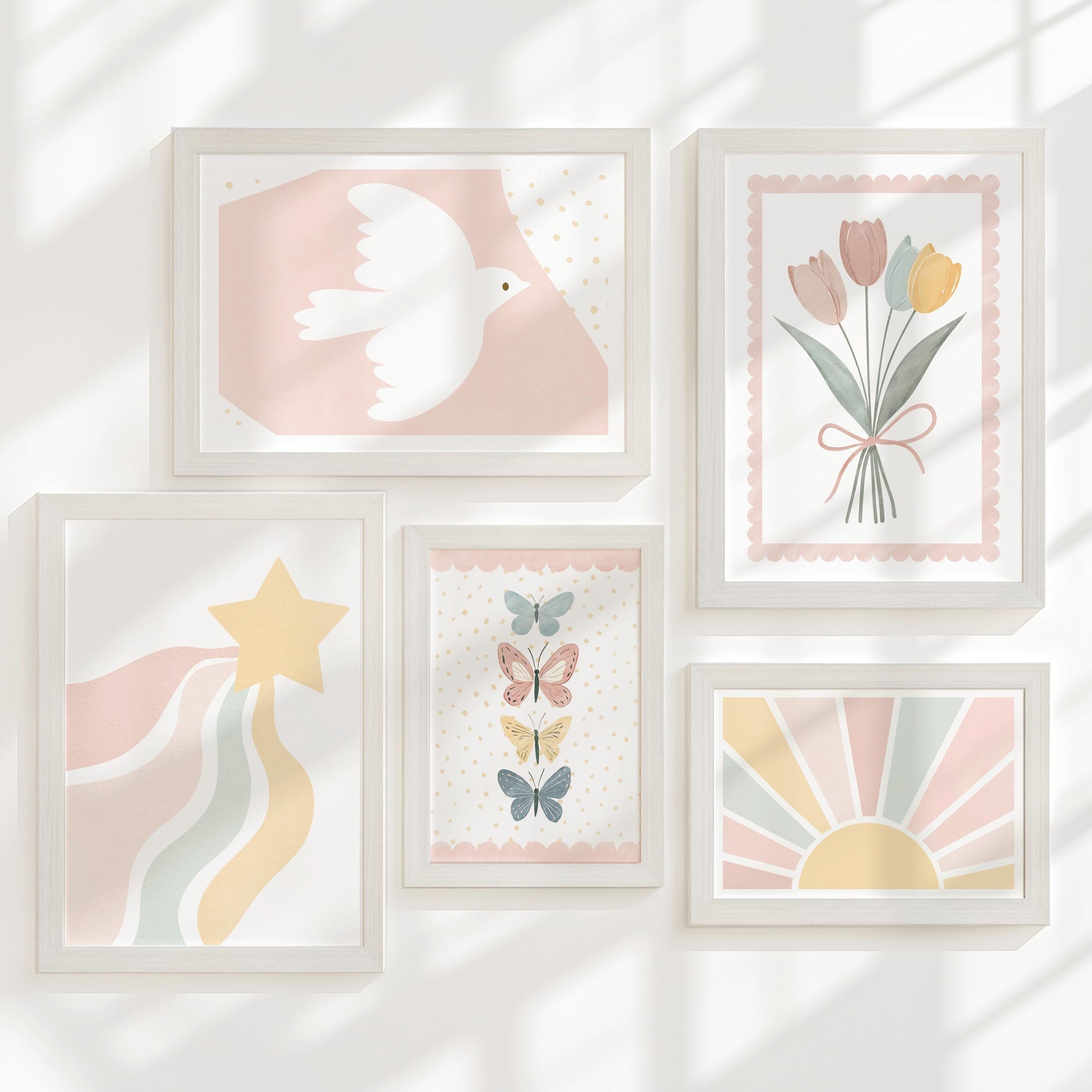 Pastel Nursery Gallery Wall Art – Tulips, Dove & Butterflies