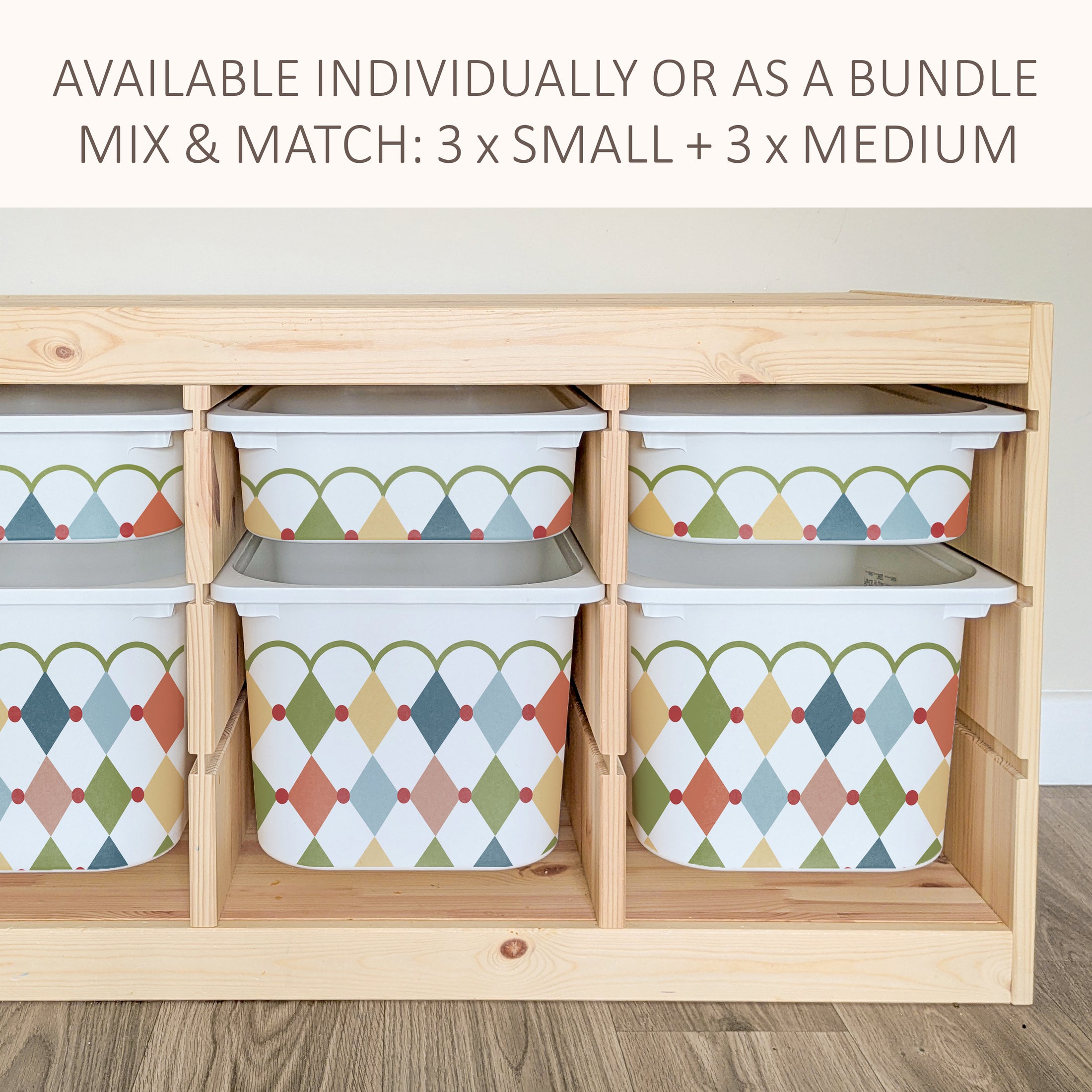 a wooden storage unit with multiple shelves, each containing a white plastic bin with a colorful, diamond-patterned design. The bins are arranged in a way that they can be easily stacked and organized.