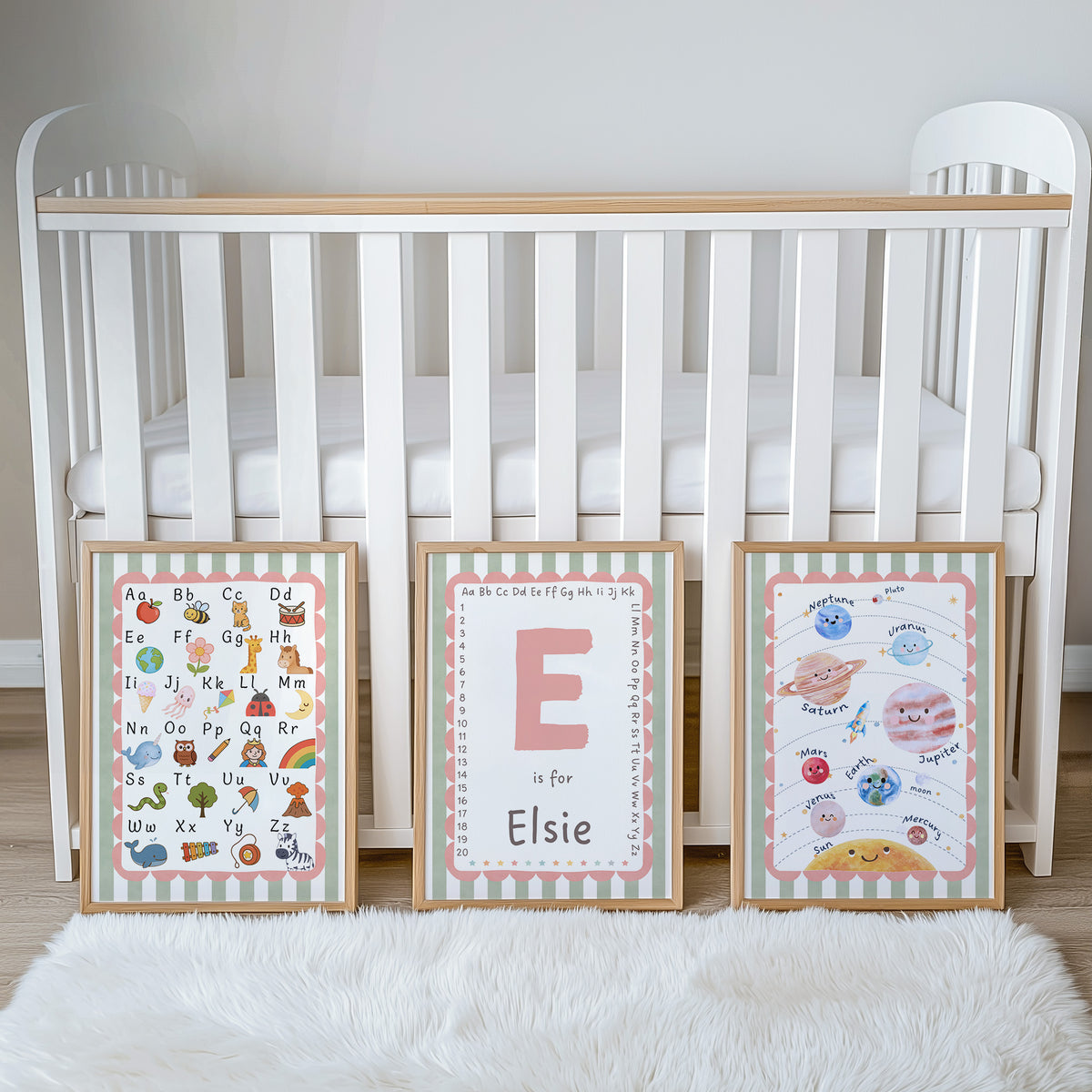Personalised Alphabet, Initial & Solar System Nursery Prints | Set of 3