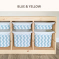 Load image into Gallery viewer, A wooden shelf with multiple storage bins, divided into two sections, one blue and one yellow.
