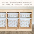 Load image into Gallery viewer, a wooden shelf with multiple white plastic bins arranged on it, each bin featuring a floral pattern. The bins are arranged in two rows, with three bins in each row. The shelf appears to be made of wood and has a simple, functional design.
