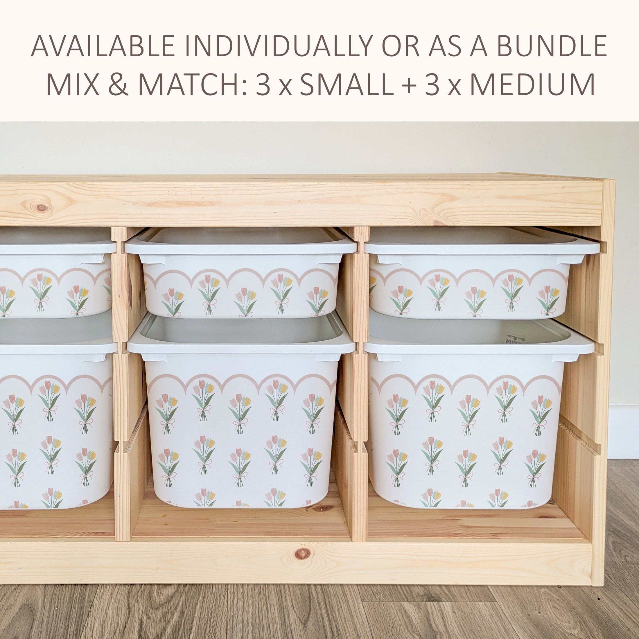 a wooden shelf with multiple white plastic bins arranged on it, each bin featuring a floral pattern. The bins are arranged in two rows, with three bins in each row. The shelf appears to be made of wood and has a simple, functional design.