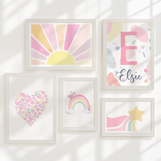 Pastel Rainbow Nursery Gallery Wall Prints – Heart & Name Art Set