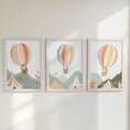 Load image into Gallery viewer, Hot Air Balloon Animals Nursery Prints, Set Of 3 Whimsical Folk Decor, Kids Wall Art Unisex Optional Frame, Personalised Playroom Posters - RoseRowanDesign
