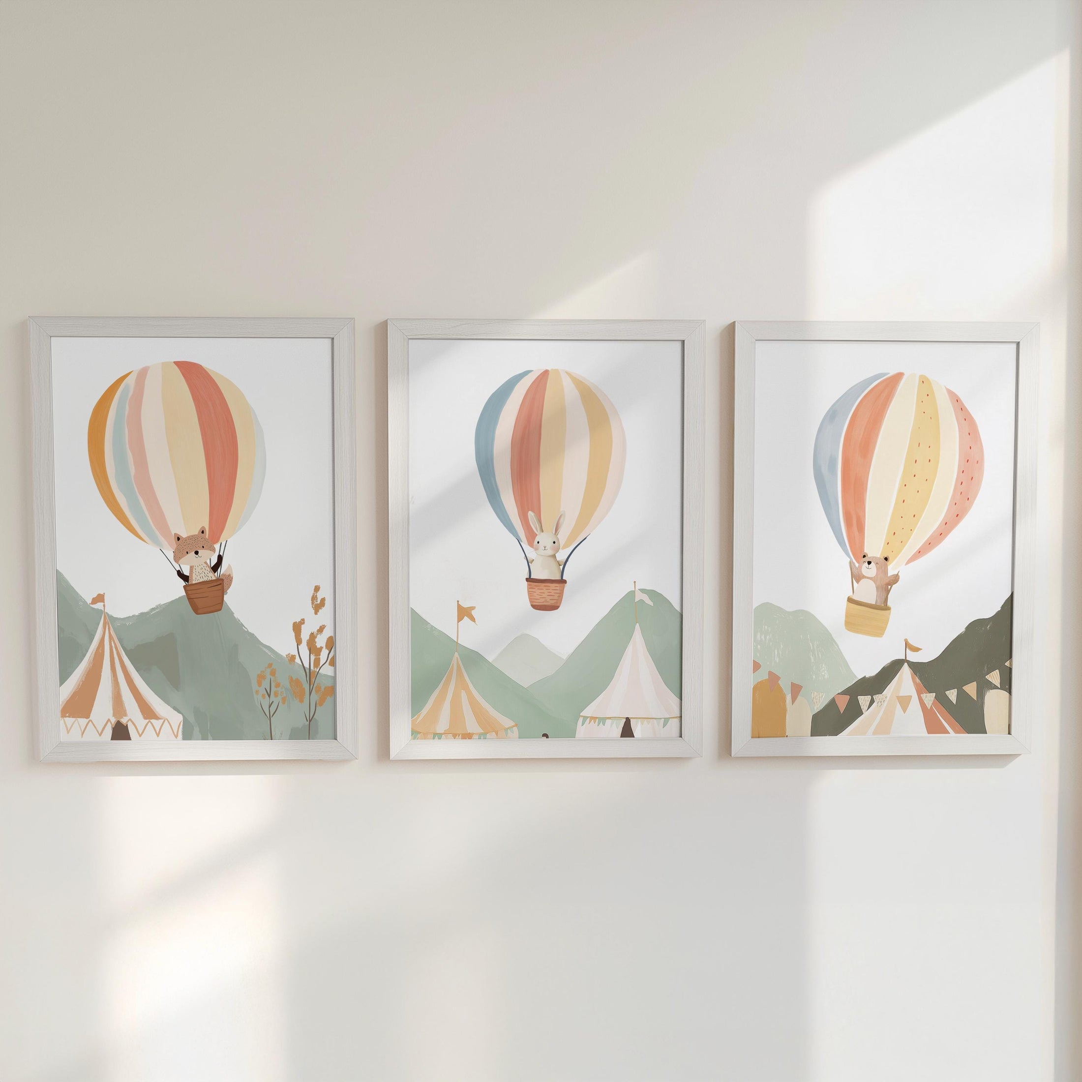 Hot Air Balloon Animals Nursery Prints, Set Of 3 Whimsical Folk Decor, Kids Wall Art Unisex Optional Frame, Personalised Playroom Posters - RoseRowanDesign