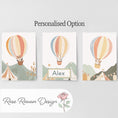 Load image into Gallery viewer, Hot Air Balloon Animals Nursery Prints, Set Of 3 Whimsical Folk Decor, Kids Wall Art Unisex Optional Frame, Personalised Playroom Posters - RoseRowanDesign
