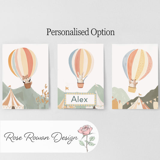 Hot Air Balloon Animals Nursery Prints, Set Of 3 Whimsical Folk Decor, Kids Wall Art Unisex Optional Frame, Personalised Playroom Posters - RoseRowanDesign