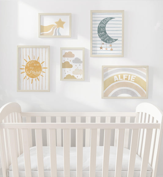 Boho Celestial Nursery Gallery Wall Art – Moon, Sun & Star Prints